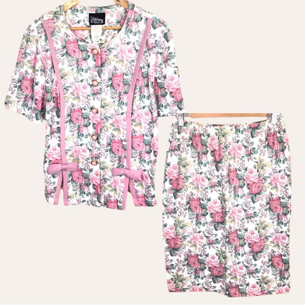 Vintage Pink and White Floral Skirt Set